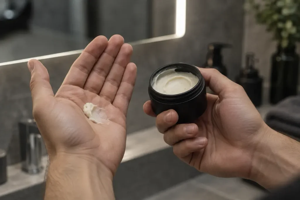 Hands holding an unbranded pomade jar with a small amount of styling cream in one palm.
