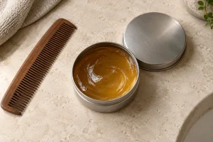 Open tin of glossy amber pomade beside a wooden comb on a neutral bathroom counter.