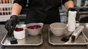 Colorist keeping semi-permanent and permanent hair dye products in separate bowls at a salon workstation
