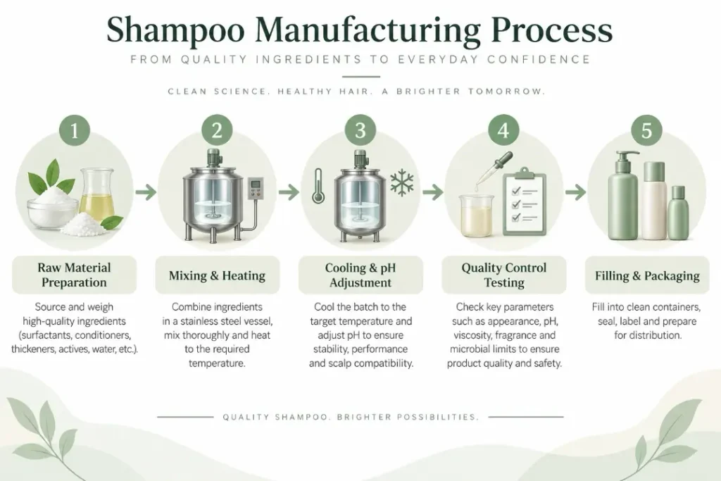 Infographic showing the shampoo manufacturing process, from raw material preparation to mixing, cooling, quality control, and packaging.