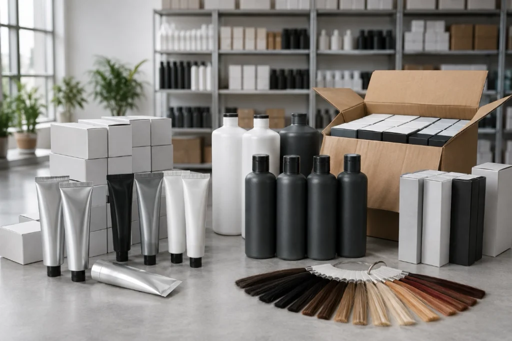 Bulk hair dye tubes, developer bottles, cartons and shade swatches in a wholesale showroom