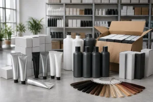 Bulk hair dye tubes, developer bottles, cartons and shade swatches in a wholesale showroom