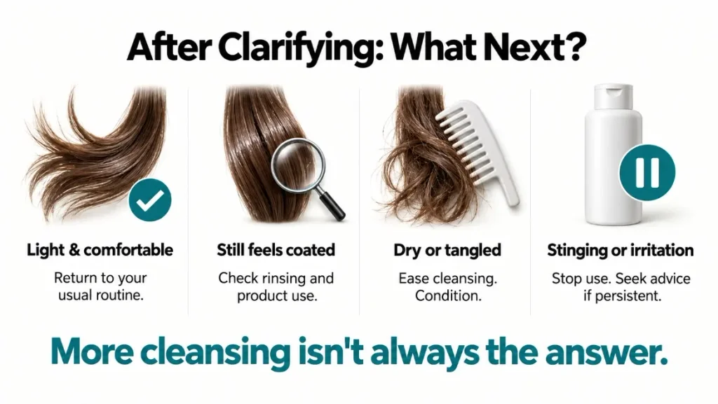 Four post-clarifying outcomes with guidance for comfortable, coated, dry, or irritated hair and scalp.