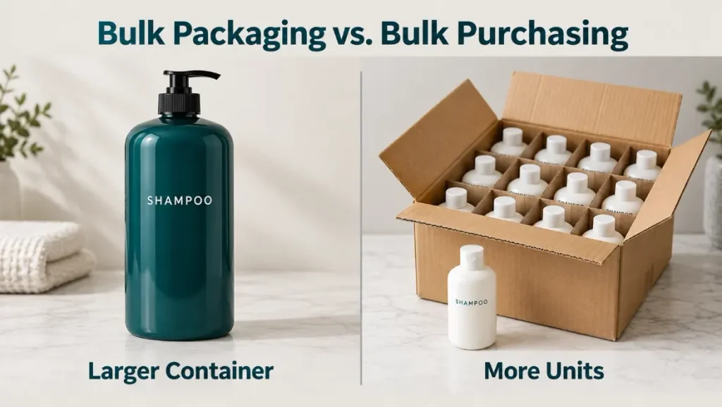 A large shampoo pump bottle beside a carton of retail bottles, comparing container size with order quantity.