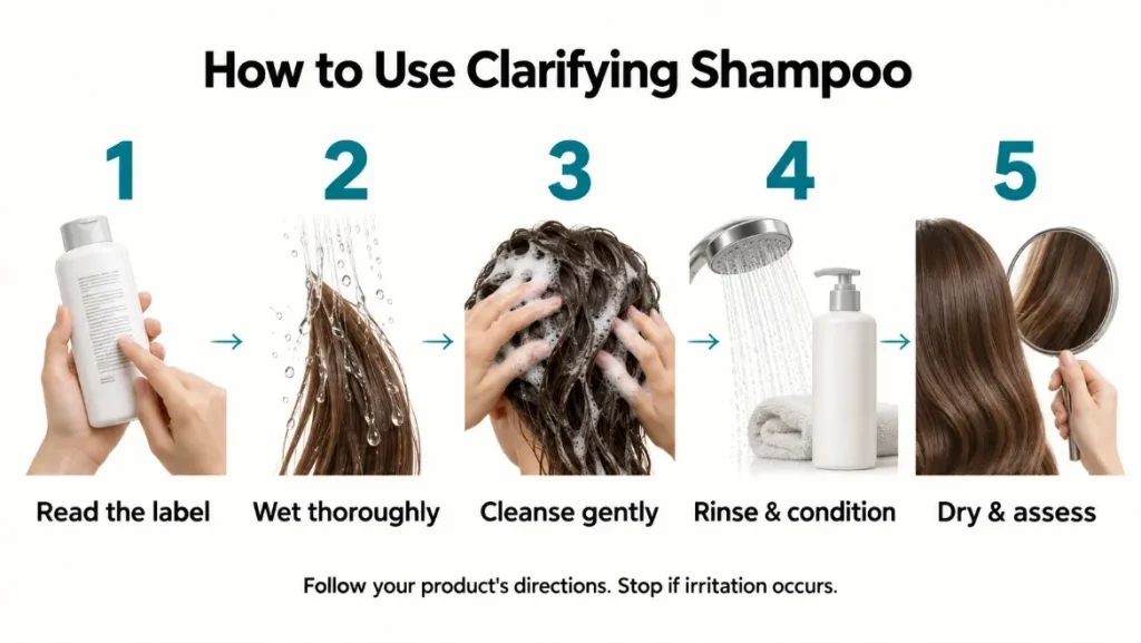 Five steps for using clarifying shampoo, from reading the label to assessing dry hair.