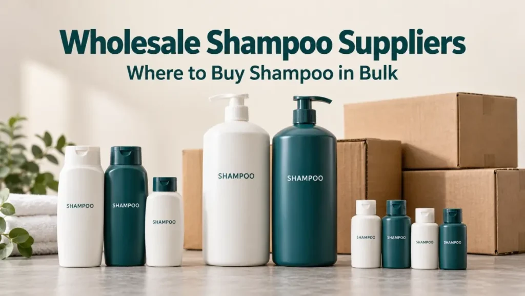 Retail shampoo bottles, salon pump bottles, and hotel amenities arranged for wholesale purchasing.