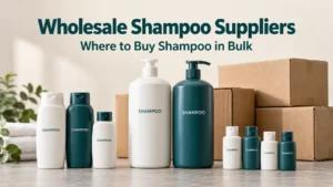 Retail shampoo bottles, salon pump bottles, and hotel amenities arranged for wholesale purchasing.