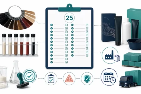 Private label hair dye supplier checklist with 25 questions, formula samples, warning label, packaging, MOQ and lead time icons
