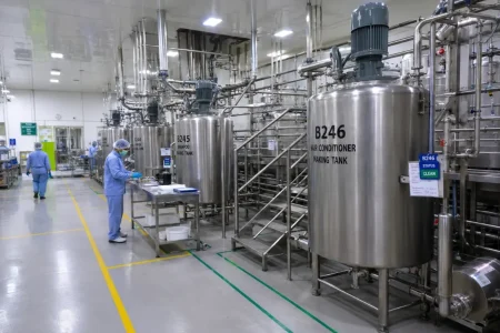 Hair care production floor with stainless-steel mixing vessels and factory operators