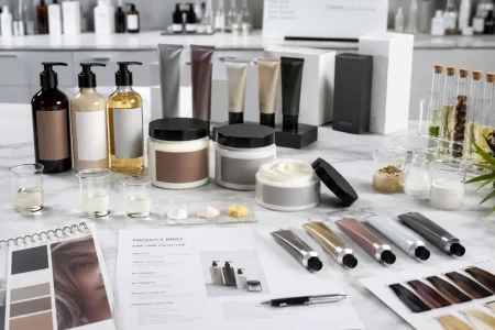 OEM hair products samples and packaging references on a product development desk