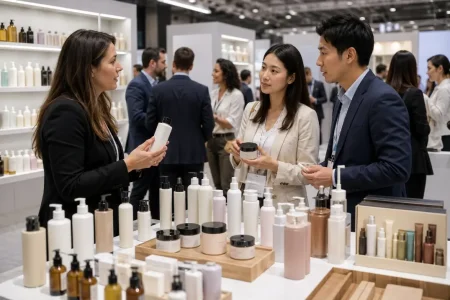 Buyers discussing hair care products with suppliers at a beauty trade show