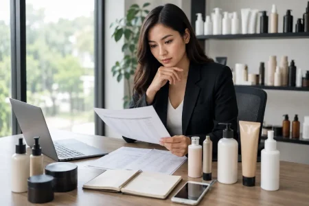 Buyer evaluating wholesale hair care suppliers, product documents and packaging options