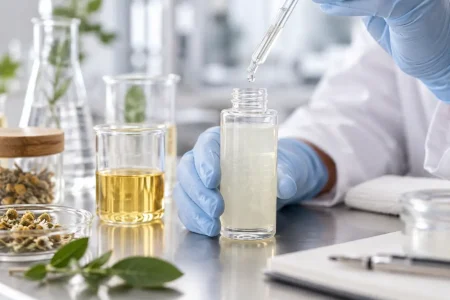 Close-up of a natural shampoo formulation sample being tested with a pipette in a cosmetic laboratory