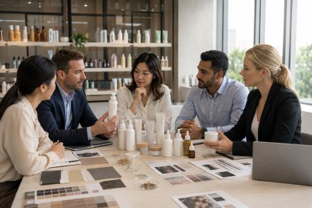 Private label hair care product development meeting between international buyers and cosmetic manufacturers