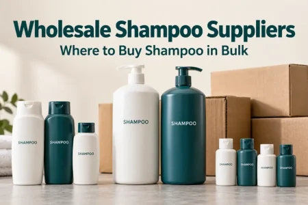 Retail shampoo bottles, salon pump bottles, and hotel amenities arranged for wholesale purchasing.
